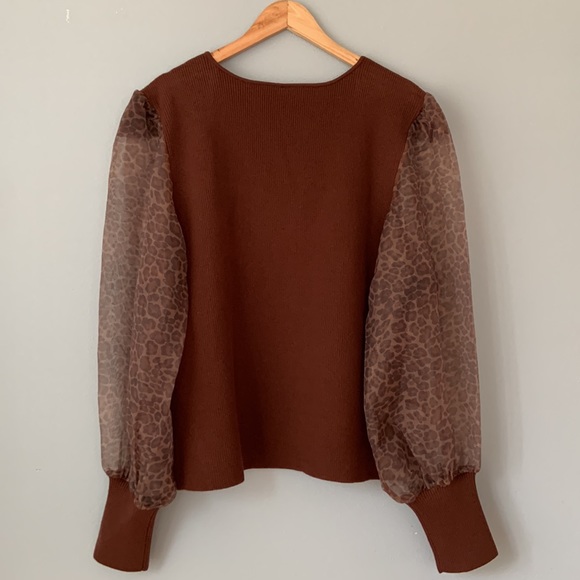 Anthropologie • NWT Dolan Sheer Animal Print Puff-Sleeve Brown Sweater Size 3X - Picture 10 of 13